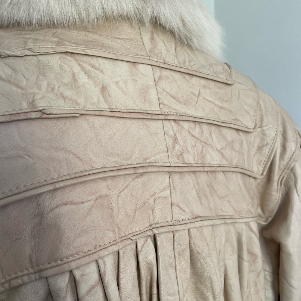 Vintage J Percy Marvin Richards Cream/Blush Pink Leather Coat Fox Fur Collar - Picture 8 of 10
